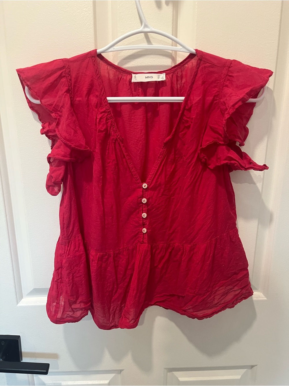 Mango Bright Pink Ruffle Sleeve V-Neck Button Front Top